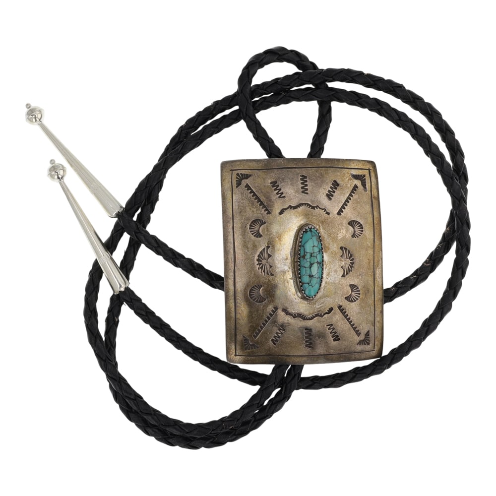 Vintage Navajo spiderweb Turquoise Bolo Tie: Sterling Silver | Genuine Turquoise | Vintage Navajo spiderweb Turquoise Bolo Tie | Navajo Native American Southwest Indian Jewelry | Good (no breaks or damages) | Approximate Weight: 40 Grams | Bolo: