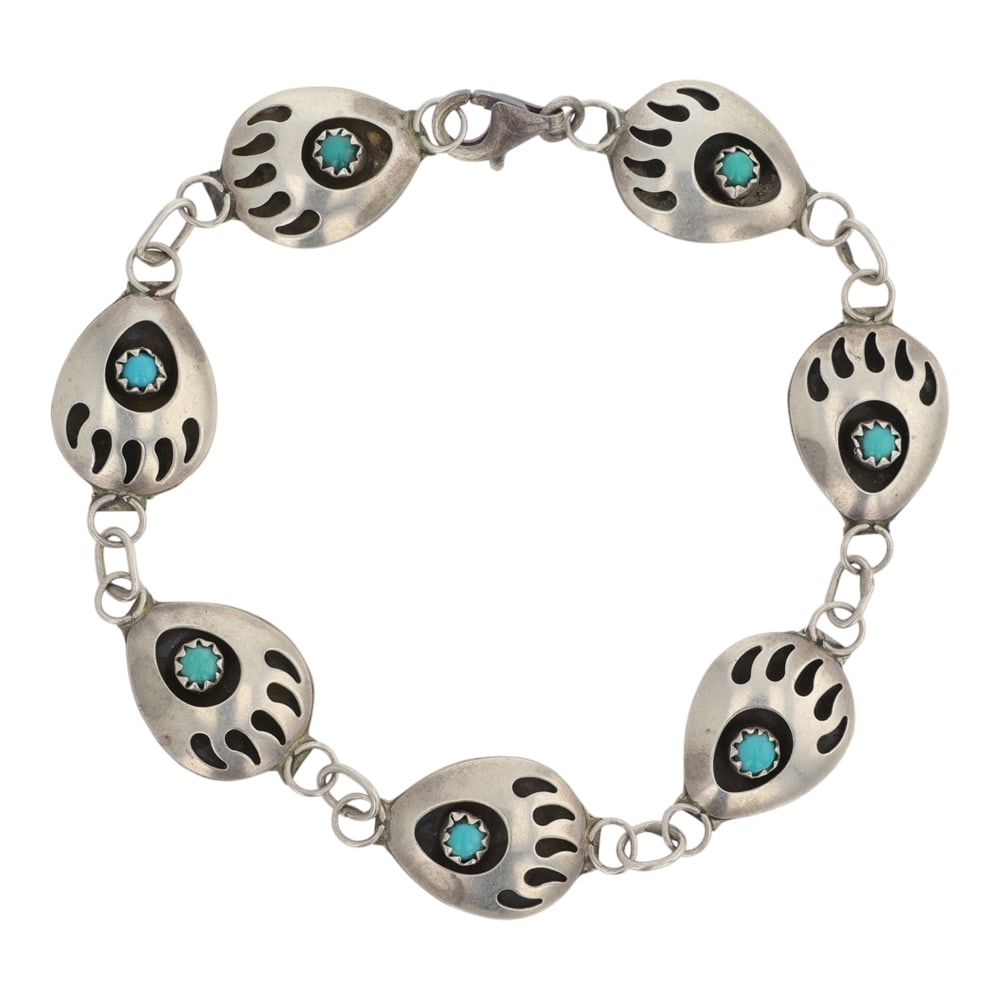Navajo Kingman Turquoise Bear Paw Link Bracelet: Sterling Silver | Genuine Kingman Turquoise | Navajo Kingman Turquoise Bear Paw Link Bracelet | Navajo Native American Southwest Indian Jewelry | Good (no breaks or damages) | Approximate Weight: 7 Gr