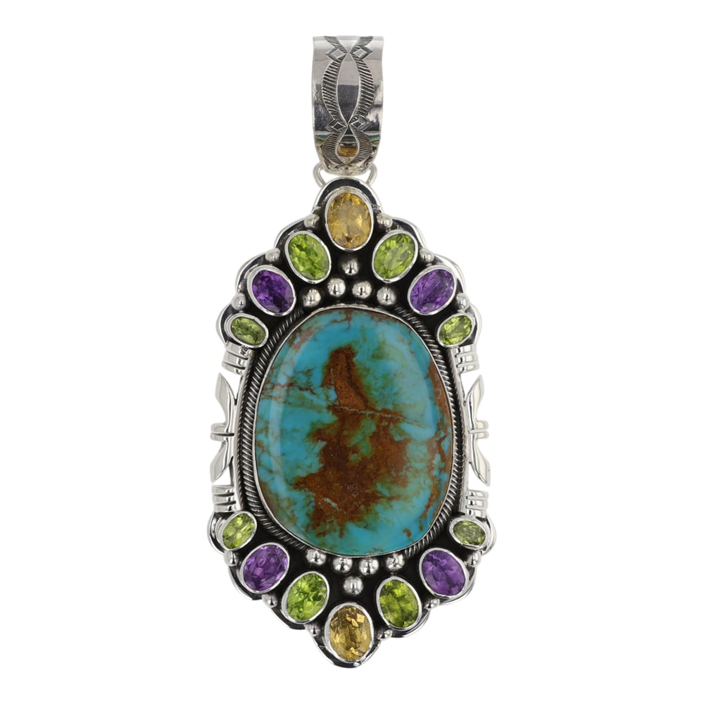 Paul Livingston Navajo Turquoise & Faceted Amethyst Citrine & Peridot Intricate Pendant: Sterling Silver | Genuine Turquoise, Faceted Amethyst, Citrine & Peridot | Paul Livingston Navajo Turquoise & Faceted Amethyst Citrine & Peridot Intricate Pendant | Navajo Native American Southwest In