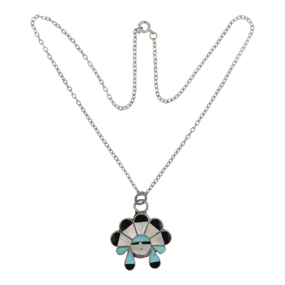 Vintage Zuni Turquoise Mother of Pearl & Jet Black Inlay Pendant (1 of 3)