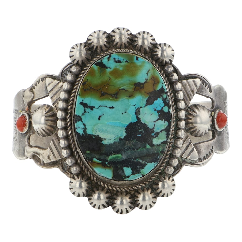 Vintage Navajo Hubei Turquoise & Coral Cuff Bracelet: Sterling Silver | Genuine Hubei Turquoise & Coral | Vintage Navajo Hubei Turquoise & Coral Cuff Bracelet | Navajo Native American Southwest Indian Jewelry | Good (no breaks or damages) | Approximate W