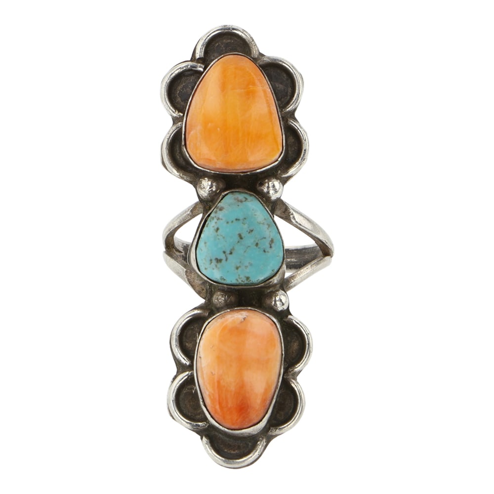 Vintage Navajo Turquoise & Spiny Oyster Three Stone Ring: Sterling Silver | Genuine Turquoise & Spiny Oyster | Vintage Navajo Turquoise & Spiny Oyster Three Stone Ring | Navajo Native American Southwest Indian Jewelry | Good (no breaks or damages) | Approxim