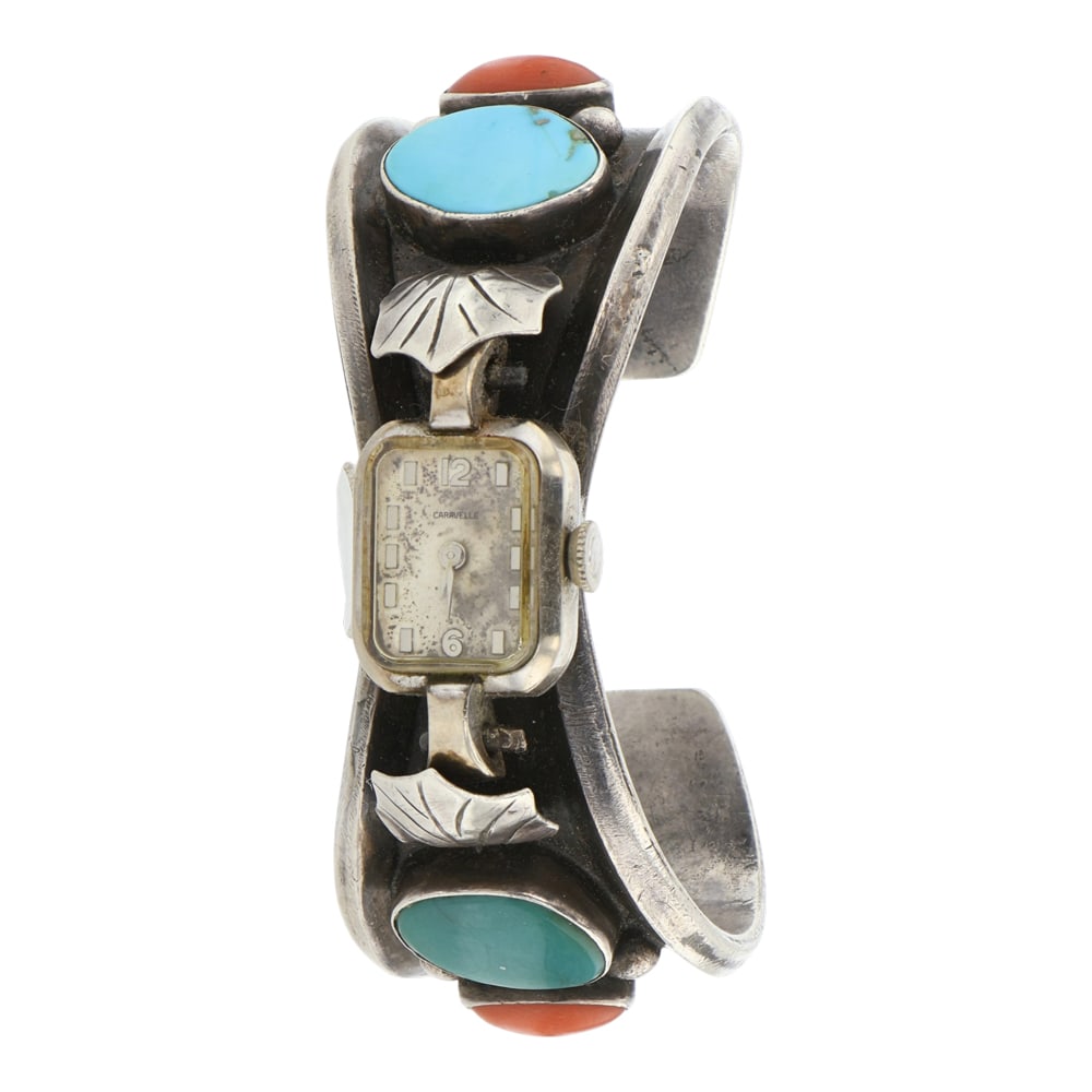 Vintage Navajo Turquoise & Coral Watch Bracelet: Sterling Silver | Genuine Turquoise & Coral | Vintage Navajo Turquoise & Coral Watch Bracelet | Navajo Native American Southwest Indian Jewelry | Good (no breaks or damages) | Approximate Weight: 55 G