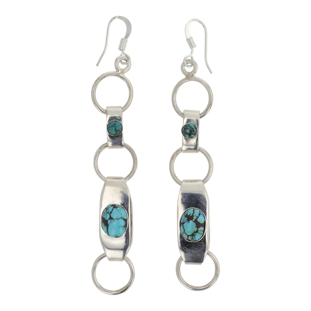 Navajo Hubei Turquoise Contemporary Earrings: Sterling Silver | Genuine Hubei Turquoise | Navajo Hubei Turquoise Contemporary Earrings | Navajo Native American Southwest Indian Jewelry | Good (no breaks or damages) | Approximate Weight: 11 Grams 