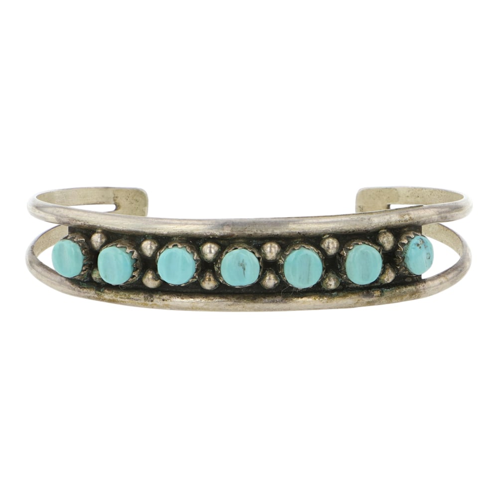Vintage Navajo Turquoise Cuff Bracelet: Sterling Silver | Genuine Turquoise | Vintage Navajo Turquoise Cuff Bracelet | Navajo Native American Southwest Indian Jewelry | Good (no breaks or damages) | Approximate Weight: 12 Grams | Bracelet: 
