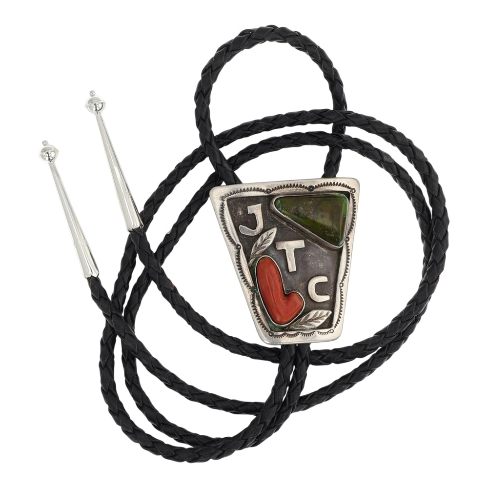 Vintage Navajo Turquoise & Coral Bolo Tie: Sterling Silver | Genuine Turquoise & Coral | Vintage Navajo Turquoise & Coral Bolo Tie | Navajo Native American Southwest Indian Jewelry | Good (no breaks or damages) | Approximate Weight: 50 Grams |