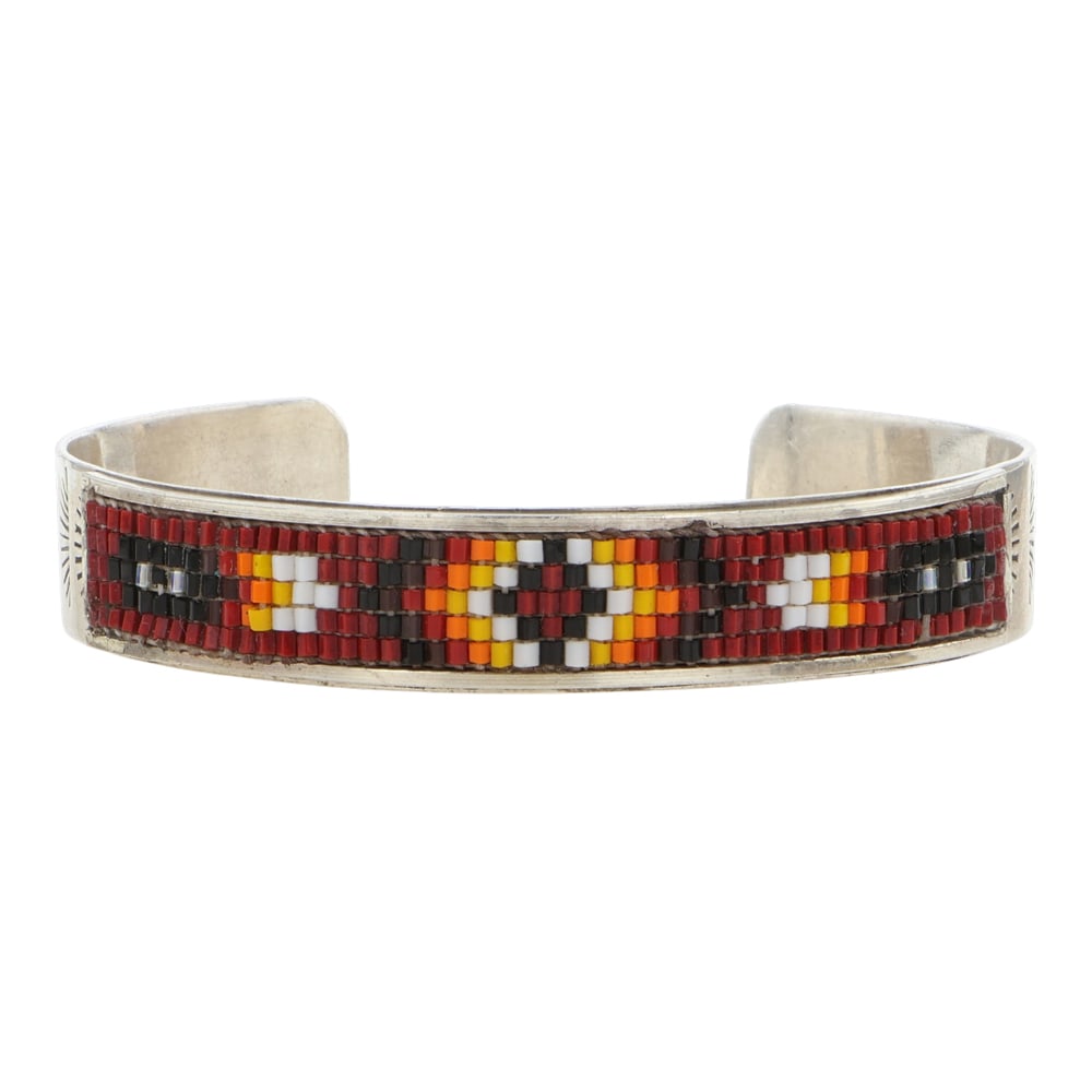Vintage Navajo Sterling Silver & Glass Seed Bracelet Cuff Bracelet: Sterling Silver | | Vintage Navajo Sterling Silver & Glass Seed Bracelet Cuff Bracelet | Navajo Native American Southwest Indian Jewelry | Good (no breaks or damages) | Approximate Weight: 14 Grams | 