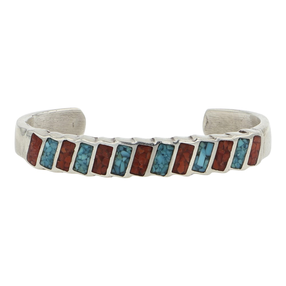 Navajo Turquoise & Coral Chip Inlay Bracelet (1 of 3)