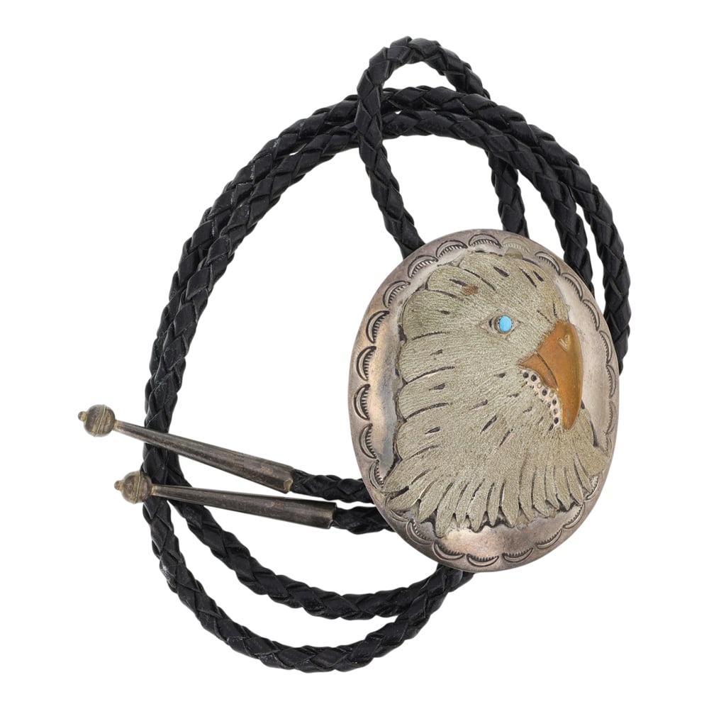 Phil Chapo Vintage Navajo Turquoise Sterling Silver & Gold Filled Detailed Eagle Bolo Tie: Sterling Silver | Genuine Turquoise | Phil Chapo Vintage Navajo Turquoise Sterling Silver & Gold Filled Detailed Eagle Bolo Tie | Navajo Native American Southwest Indian Jewelry | Good (no breaks or d