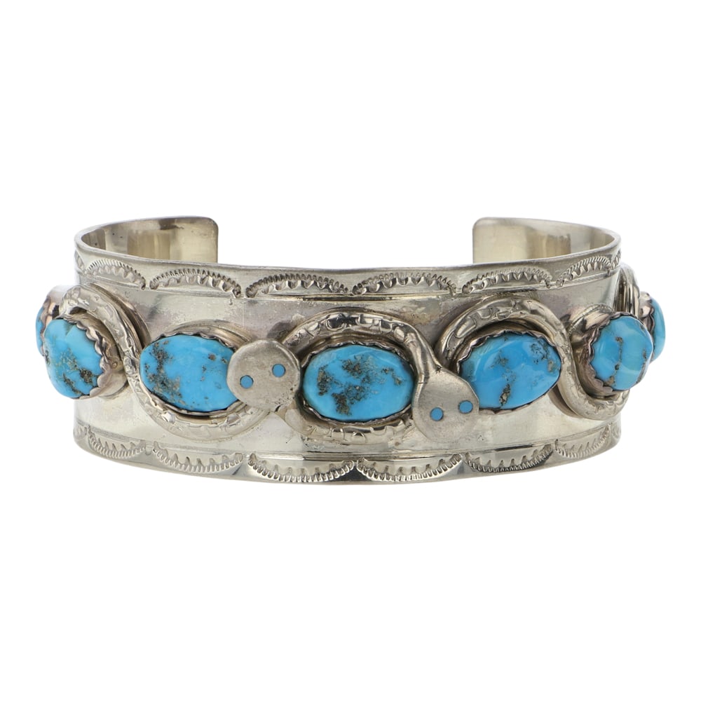 Raymond & Debbie Candelaria Zuni Kingman Turquoise Snake Eye Bracelet: Sterling Silver | Genuine Kingman Turquoise | Raymond & Debbie Candelaria Zuni Kingman Turquoise Snake Eye Bracelet | Zuni Native American Southwest Indian Jewelry | Good (no breaks or damages) | Appr
