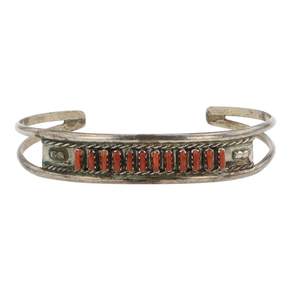 Vintage Zuni Mediterranean Coral Needlepoint Bracelet: Sterling Silver | Genuine Mediterranean Coral | Vintage Zuni Mediterranean Coral Needlepoint Bracelet | Zuni Native American Southwest Indian Jewelry | Good (no breaks or damages) | Approximate Weight