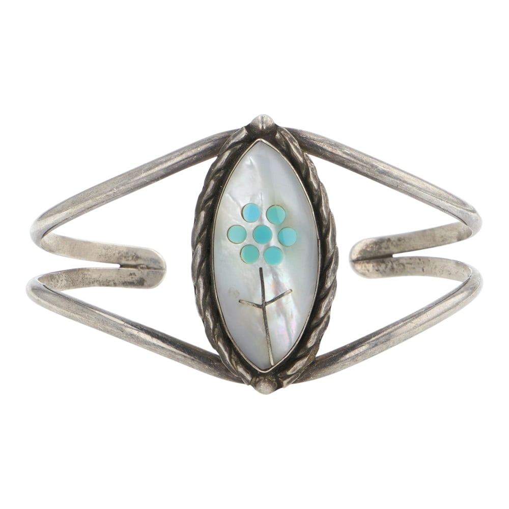 Vintage Zuni Turquoise & Mother of Pearl Inlay Bracelet: Sterling Silver | Genuine Turquoise & Mother of Pearl | Vintage Zuni Turquoise & Mother of Pearl Inlay Bracelet | Zuni Native American Southwest Indian Jewelry | Good (no breaks or damages) | Approxim