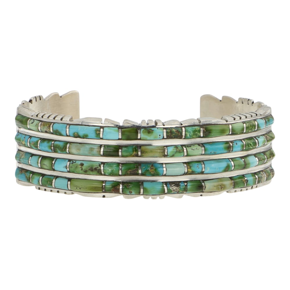 Sheldon Lalio Zuni Sonoran Gold Turquoise Inlay Row Bracelet: Sterling Silver | Genuine Sonoran Gold Turquoise | Sheldon Lalio Zuni Sonoran Gold Turquoise Inlay Row Bracelet | Zuni Native American Southwest Indian Jewelry | Good (no breaks or damages) | Approxim