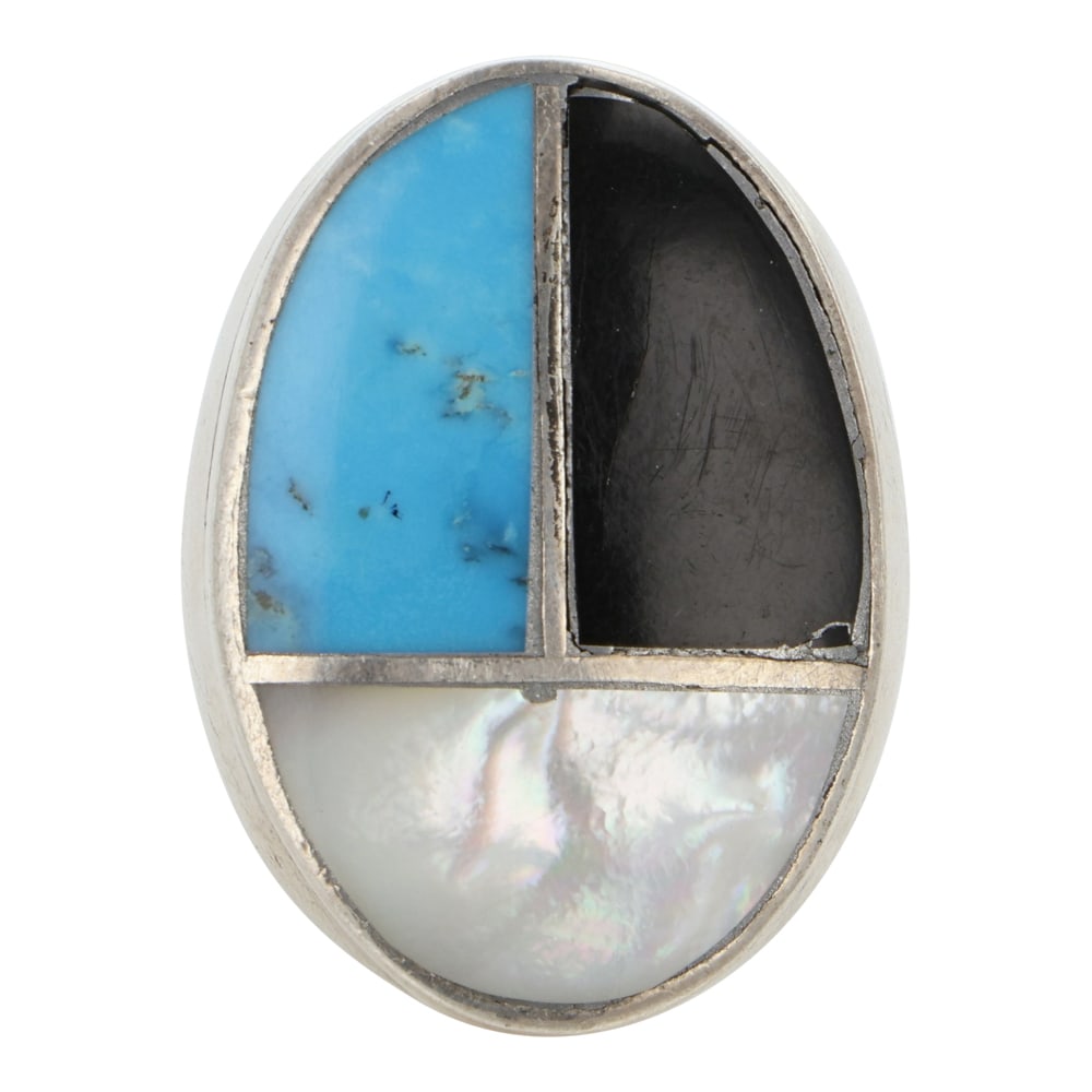 Vintage Zuni Turquoise Mother of Pearl & Jet Inlay Ring: Sterling Silver | Genuine Turquoise, Mother of Pearl & Jet Black | Vintage Zuni Turquoise Mother of Pearl & Jet Inlay Ring | Zuni Native American Southwest Indian Jewelry | Good (no breaks or damages)