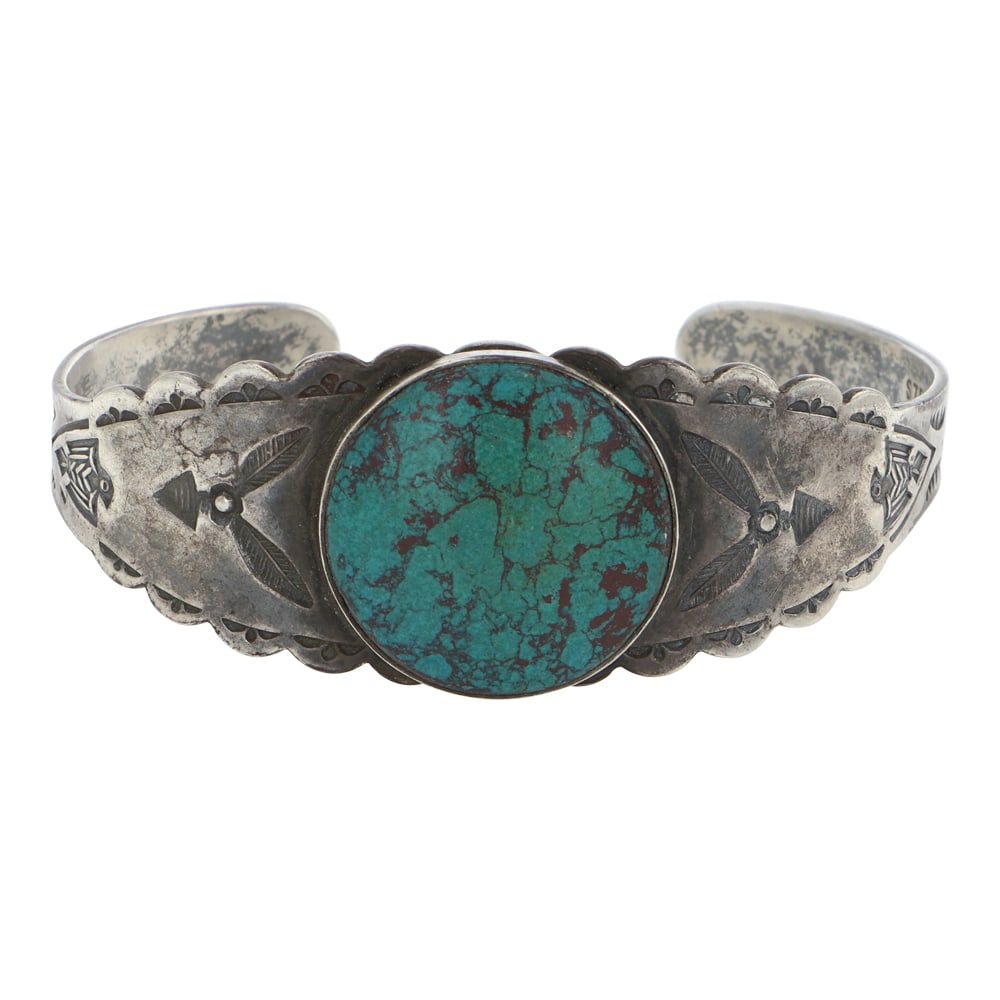 Vintage Fred Harvey Era Turquoise Cuff Bracelet: Sterling Silver | Genuine Turquoise | Vintage Fred Harvey Era Turquoise Cuff Bracelet | Navajo Native American Southwest Indian Jewelry | Good (no breaks or damages) | Approximate Weight: 22 Grams | B