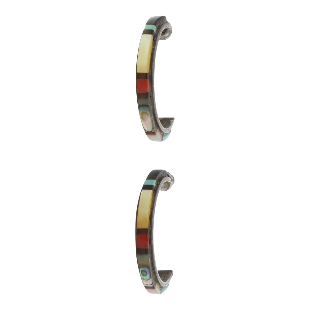 Vintage Zuni Turquoise Coral & Shell Inlay earrings: Sterling Silver | Genuine Turquoise, Coral & Shell | Vintage Zuni Turquoise Coral & Shell Inlay earrings | Zuni Native American Southwest Indian Jewelry | Good (no breaks or damages) | Approximate Wei