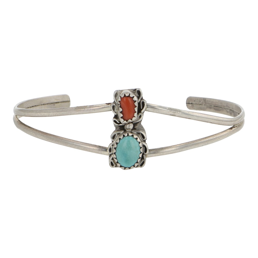 Vintage Navajo Turquoise & Coral Cuff Bracelet: Sterling Silver | Genuine Turquoise & Coral | Vintage Navajo Turquoise & Coral Cuff Bracelet | Navajo Native American Southwest Indian Jewelry | Good (no breaks or damages) | Approximate Weight: 5 Gra