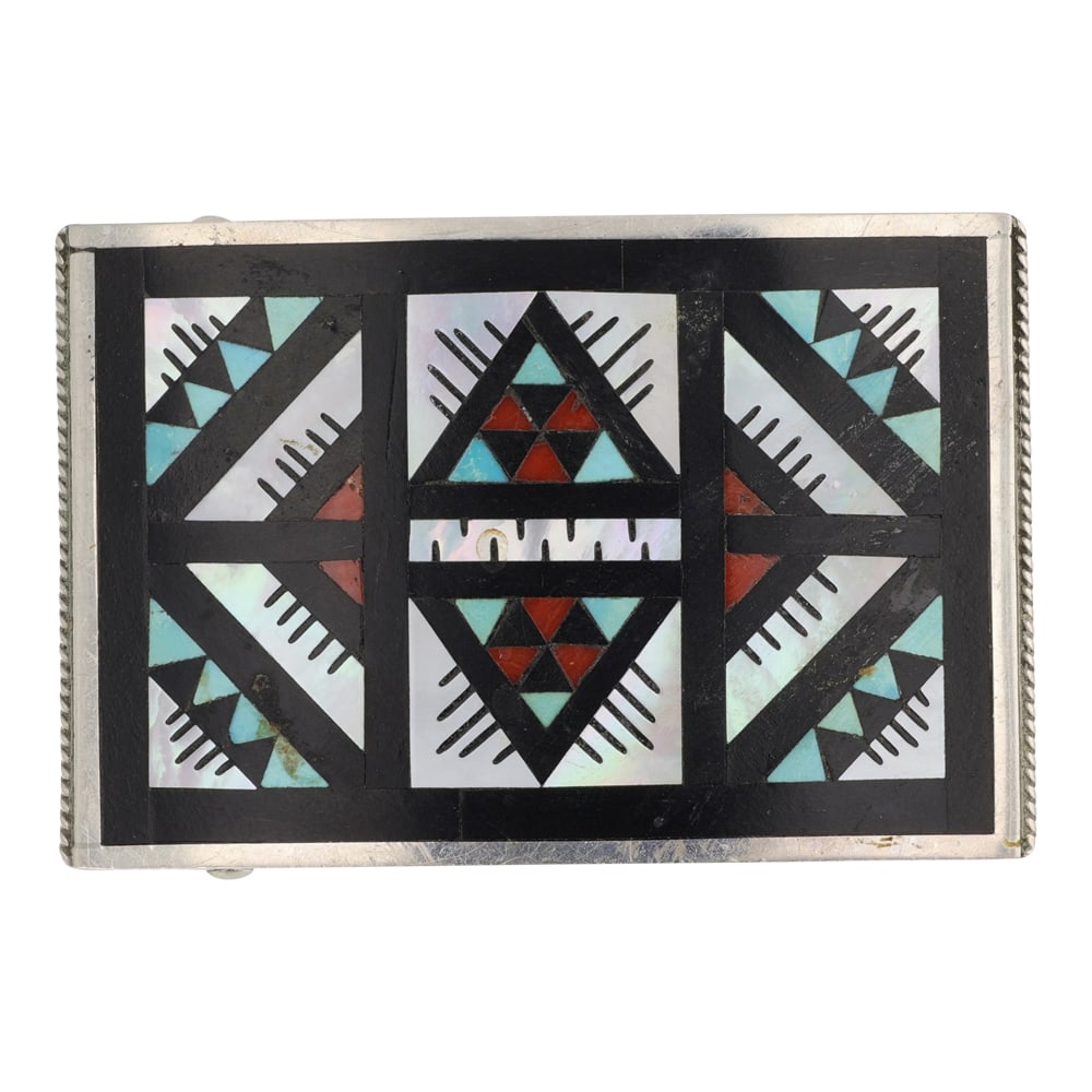 Leander & Iisa Othole Zuni Turquoise Coral Acoma Jet & Mother of Pearl Inlay Belt Buckle (1 of 2)