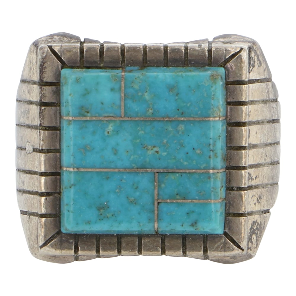 Vintage Navajo Turquoise Inlay Ring: Sterling Silver | Genuine Turquoise | Vintage Navajo Turquoise Inlay Ring | Navajo Native American Southwest Indian Jewelry | Good (no breaks or damages) | Approximate Weight: 16 Grams | Ring: 10.5 si