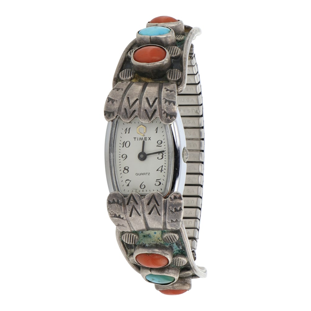Vintage Navajo Turquoise & Coral Watch Bracelet: Sterling Silver | Genuine Turquoise & Coral | Vintage Navajo Turquoise & Coral Watch Bracelet | Navajo Native American Southwest Indian Jewelry | Good (no breaks or damages) | Approximate Weight: 29 G