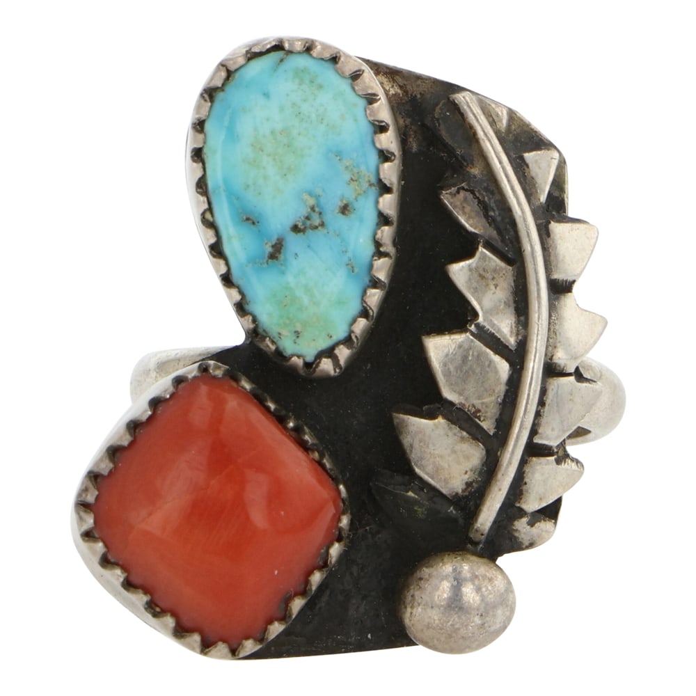 Vintage Navajo Turquoise & Coral Ring: Sterling Silver | Genuine Turquoise & Coral | Vintage Navajo Turquoise & Coral Ring | Navajo Native American Southwest Indian Jewelry | Good (no breaks or damages) | Approximate Weight: 5 Grams | Ring