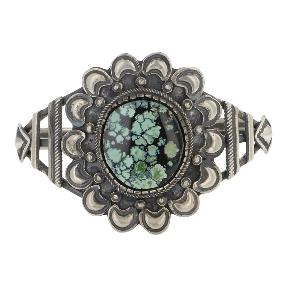 Lorenzo Juan Blue Moon Turquoise Bump Out Cuff Bracelet: Sterling Silver | Genuine Blue Moon Turquoise | Lorenzo Juan Blue Moon Turquoise Bump Out Cuff Bracelet | Navajo Native American Southwest Indian Jewelry | Good (no breaks or damages) | Approximate We