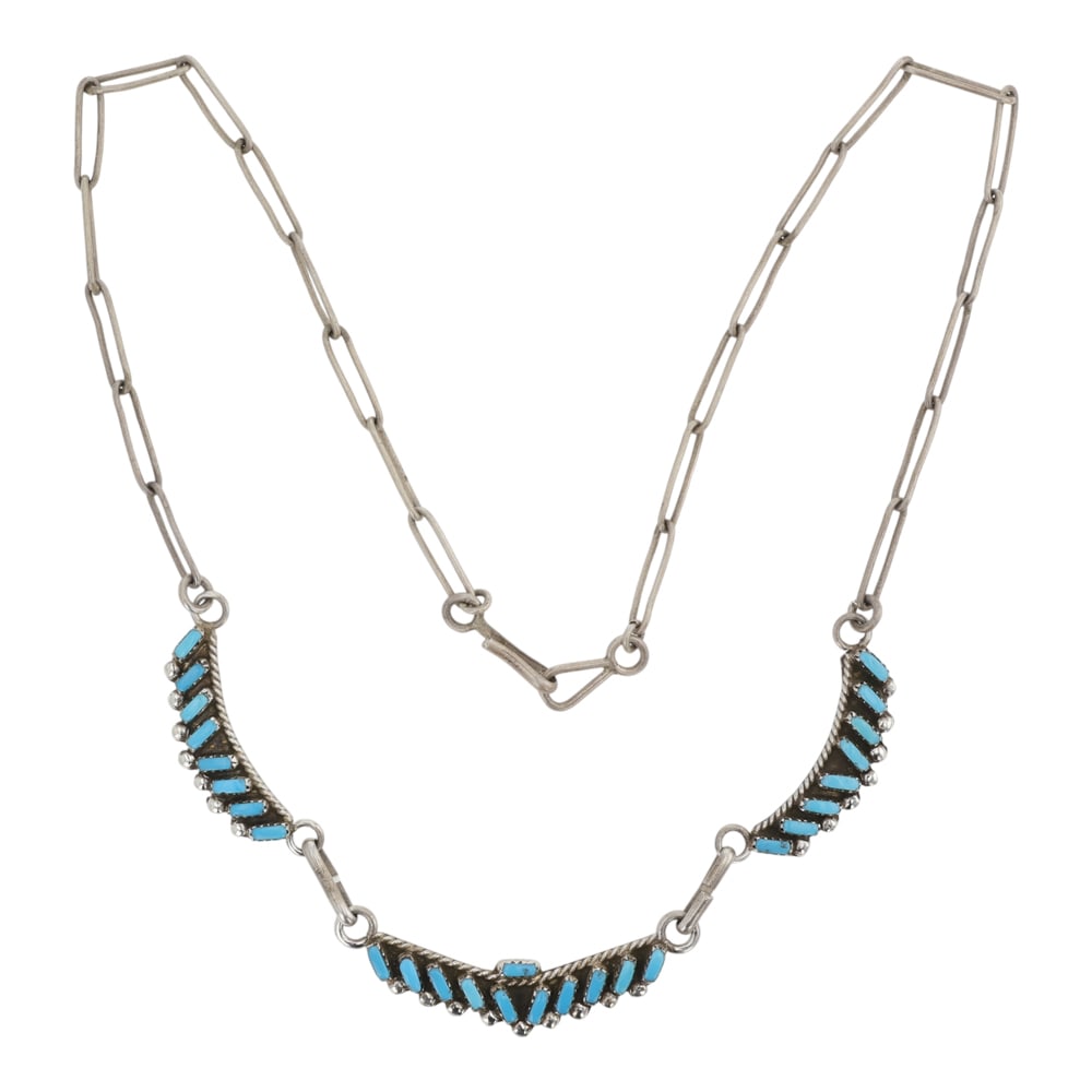 Vintage Zuni Kingman Tuquoise Needlepoint Necklace: Sterling Silver | Genuine Kingman Turquoise | Vintage Zuni Kingman Tuquoise Needlepoint Necklace | Zuni Native American Southwest Indian Jewelry | Good (no breaks or damages) | Approximate Weight: 8 G