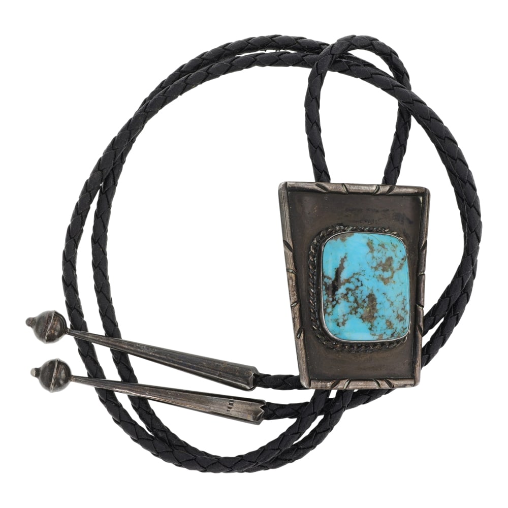 Vintage Navajo Nevada Turquoise Bolo Tie: Sterling Silver | Genuine Nevada Turquoise | Vintage Navajo Nevada Turquoise Bolo Tie | Navajo Native American Southwest Indian Jewelry | Good (no breaks or damages) | Approximate Weight: 34 Grams | B