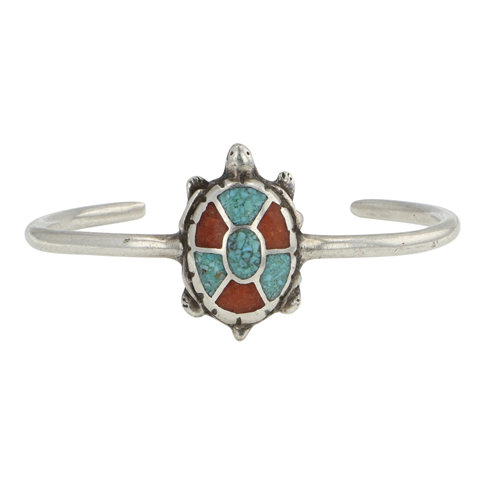 Navajo Turquoise & Coral Chip Inlay Turtle Cuff Bracelet (1 of 3)