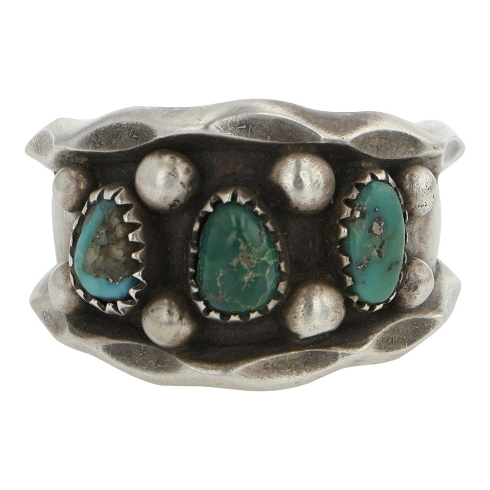 Vintage Navajo Fox Turquoise Three Stone Ring: Sterling Silver | Genuine Fox Turquoise | Vintage Navajo Fox Turquoise Three Stone Ring | Navajo Native American Southwest Indian Jewelry | Good (no breaks or damages) | Approximate Weight: 11 Grams |