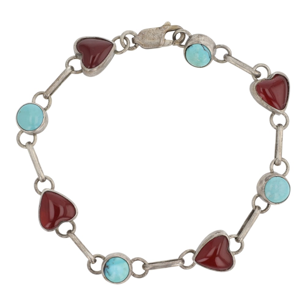 Navajo Turquoise & Carnelian Link Bracelet: Sterling Silver | Genuine Turquoise & Carnelian | Navajo Turquoise & Carnelian Link Bracelet | Navajo Native American Southwest Indian Jewelry | Good (no breaks or damages) | Approximate Weight: 6 Gra