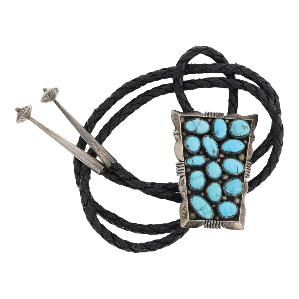 Daniel Wood Vintage Navajo Lone Mountain Turquoise Bolo Tie: Sterling Silver | Genuine Lone Mountain Turquoise | Daniel Wood Vintage Navajo Lone Mountain Turquoise Bolo Tie | Navajo Native American Southwest Indian Jewelry | Good (no breaks or damages) | Approx