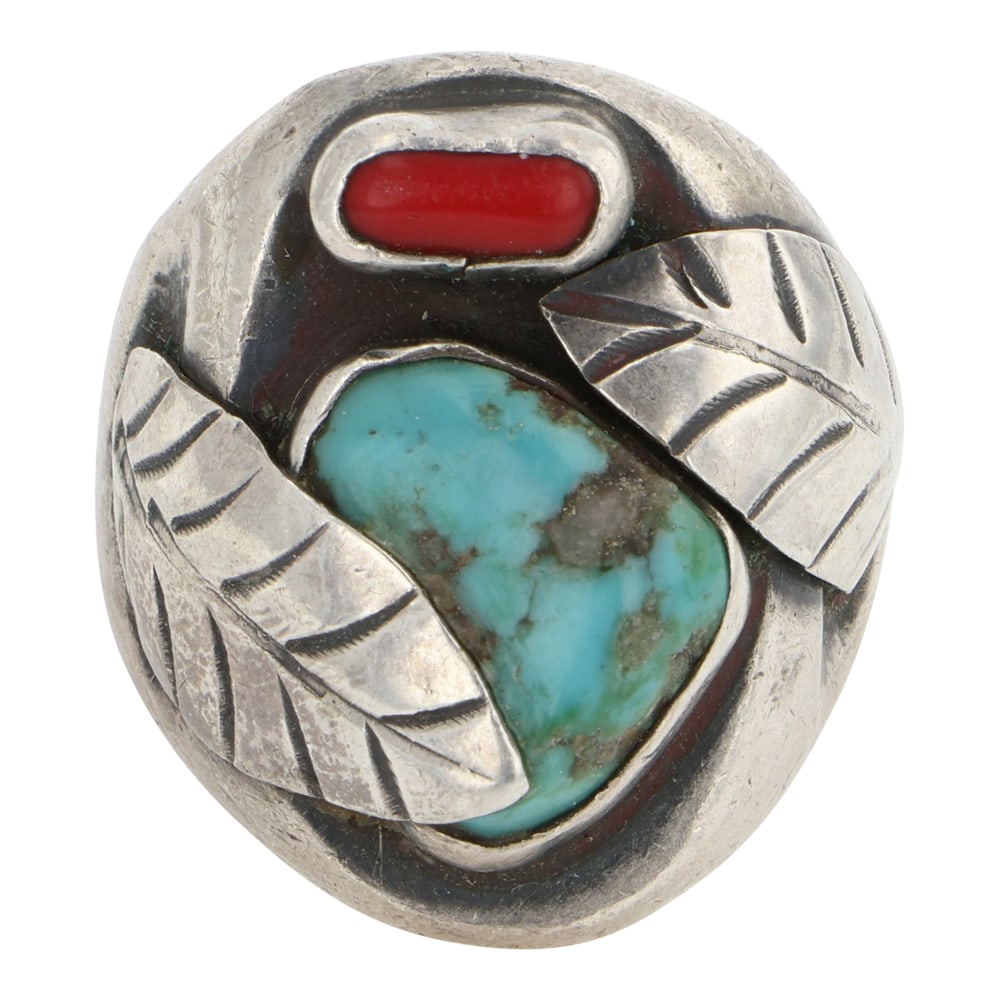 Vintage Navajo Turquoise & Coral Ring: Sterling Silver | Genuine Turquoise & Coral | Vintage Navajo Turquoise & Coral Ring | Navajo Native American Southwest Indian Jewelry | Good (no breaks or damages) | Approximate Weight: 25 Grams | Rin