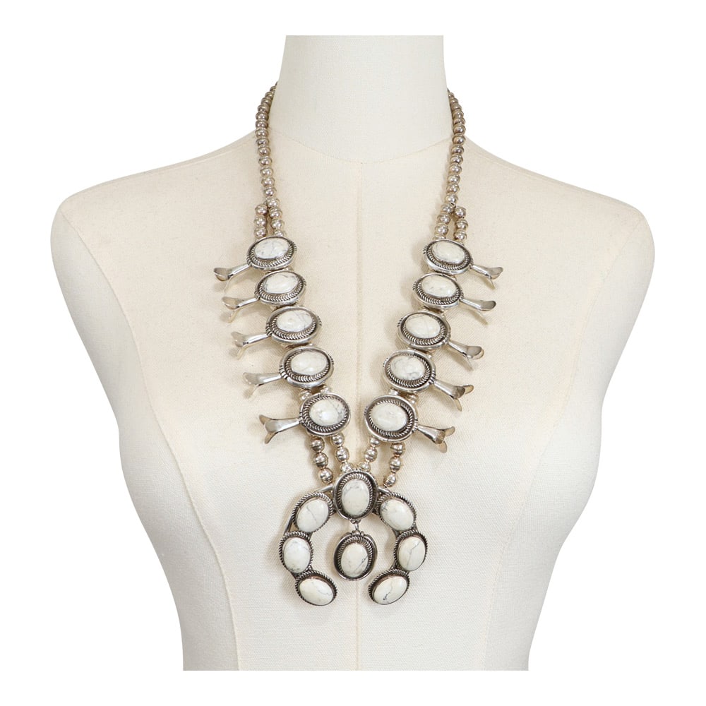Jerry Johnson Navajo Magnesite Squash Blossom Necklace: Sterling Silver | Genuine Magnesite | Jerry Johnson Navajo Magnesite Squash Blossom Necklace | Navajo Native American Southwest Indian Jewelry | Good (no breaks or damages) | Approximate Weight: 193 G