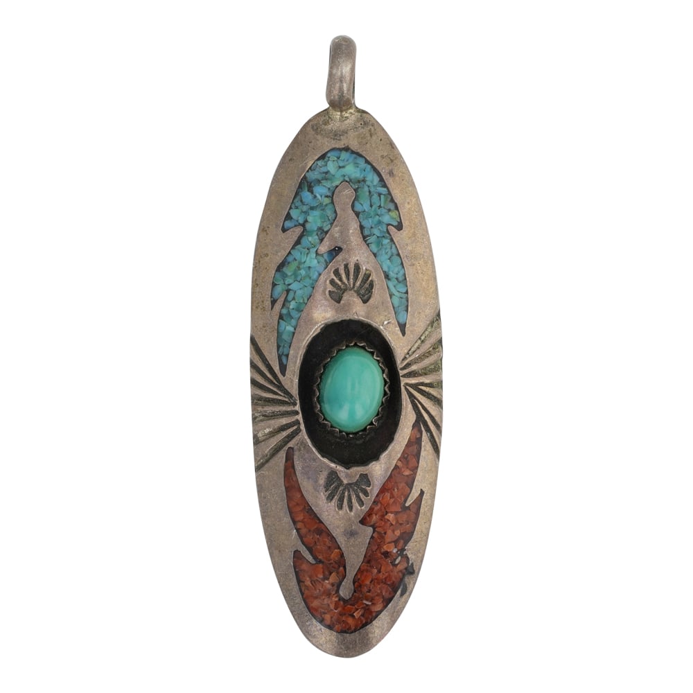Vintage Navajo Turquoise & Coral Chip Inlay Shadowbox Pendant: Sterling Silver | Genuine Turquoise & Coral | Vintage Navajo Turquoise & Coral Chip Inlay Shadowbox Pendant | Navajo Native American Southwest Indian Jewelry | Good (no breaks or damages) | Approximat