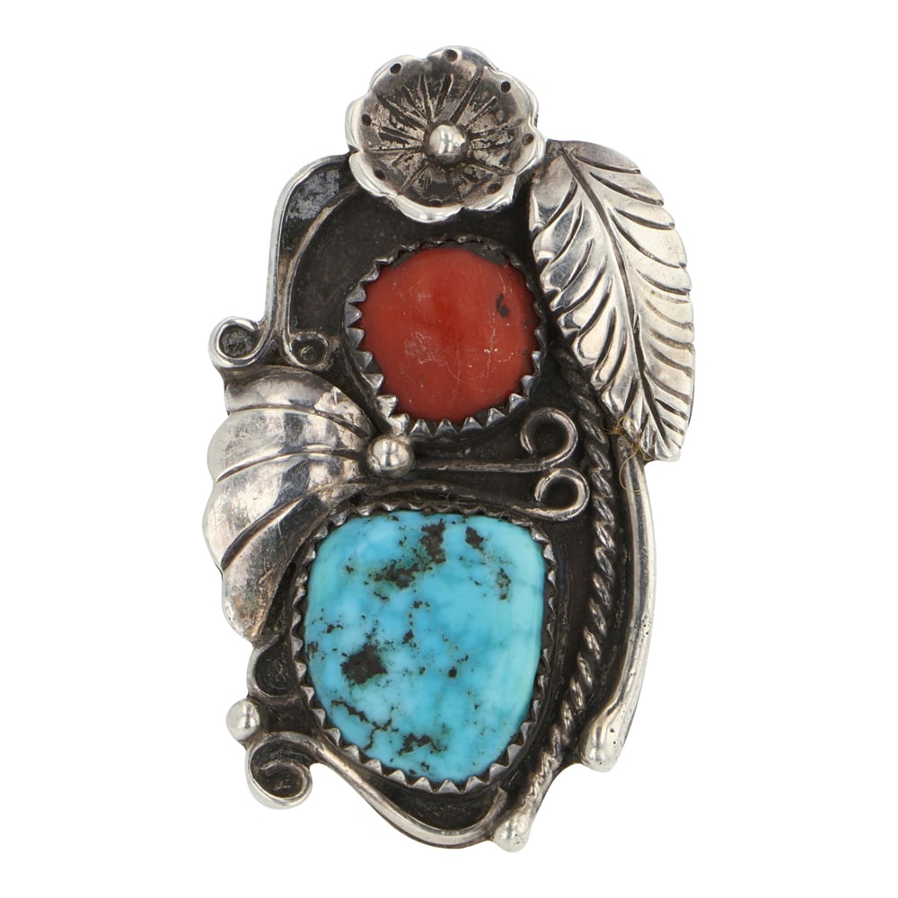 Vintage Navajo Turquoise & Coral Two Stone Ring: Sterling Silver | Genuine Turquoise & Coral | Vintage Navajo Turquoise & Coral Two Stone Ring | Navajo Native American Southwest Indian Jewelry | Good (no breaks or damages) | Approximate Weight: 11 G