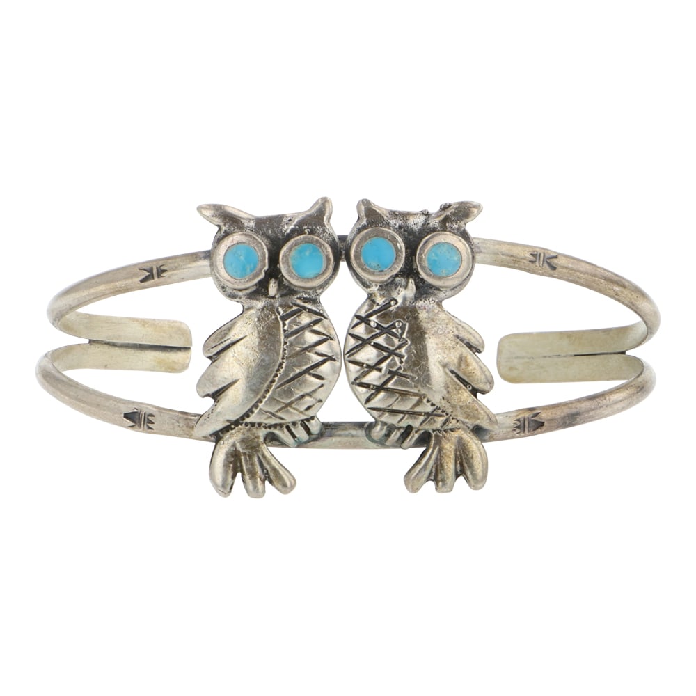 Navajo Turquoise Owl Bracelet: Sterling Silver | Genuine Turquoise | Navajo Turquoise Owl Bracelet | Navajo Native American Southwest Indian Jewelry | Good (no breaks or damages) | Approximate Weight: 15 Grams | Bracelet: 5" inner,