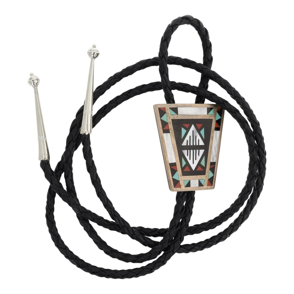 Zuni Turquoise Coral Mother of Pearl & Acoma Jet Inlay Bolo Tie (1 of 3)