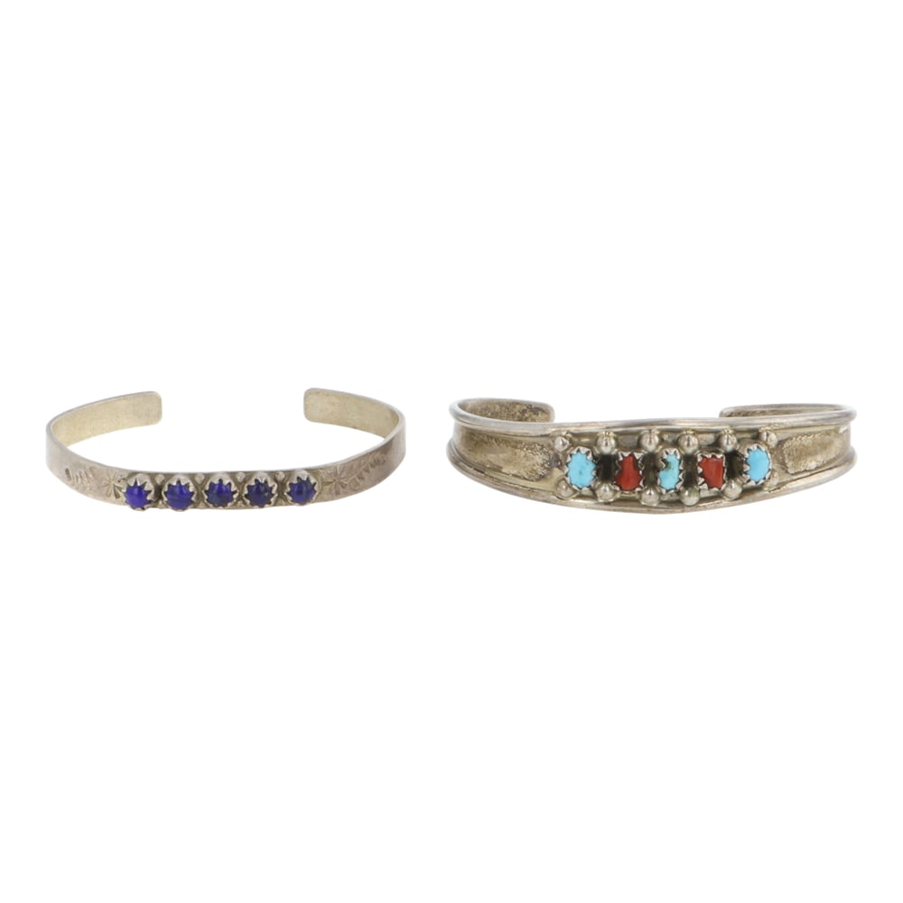 Lot of Two Navajo Turquoise Coral & lapis Baby Bracelets: Sterling Silver | Genuine Turquoise, Coral & Lapis | Lot of Two Navajo Turquoise Coral & lapis Baby Bracelets | Navajo Native American Southwest Indian Jewelry | Good (no breaks or damages) | Approxim