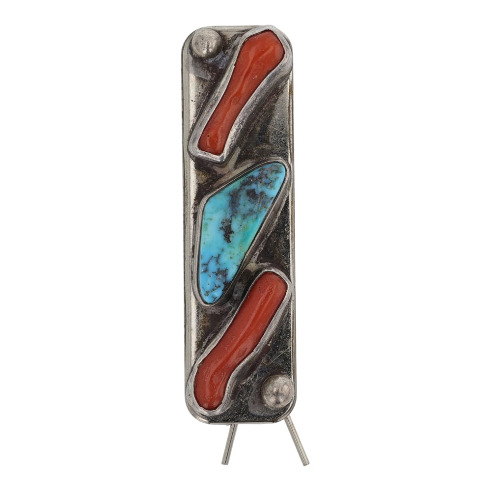 Vintage Navajo Turquoise & Coral Hair Tie: Sterling Silver | Genuine Turquoise & Coral | Vintage Navajo Turquoise & Coral Hair Tie | Navajo Native American Southwest Indian Jewelry | Good (no breaks or damages) | Approximate Weight: 9 Grams | 