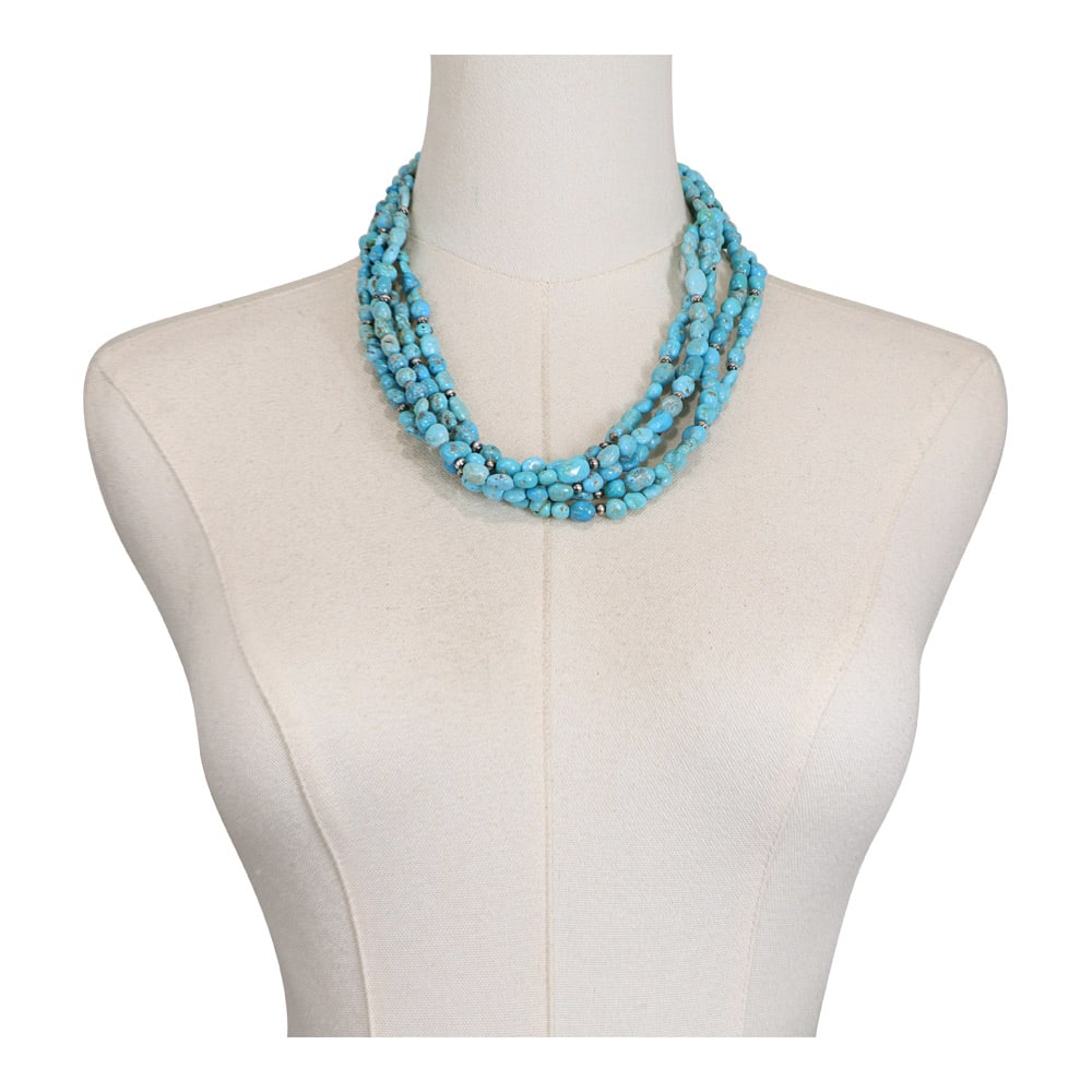 Navajo Kingman Turquoise & Oxidized Beads Five Strand Necklace: Sterling Silver | Genuine Kingman Turquoise | Navajo Kingman Turquoise & Oxidized Beads Five Strand Necklace | Navajo Native American Southwest Indian Jewelry | Good (no breaks or damages) | Approxima