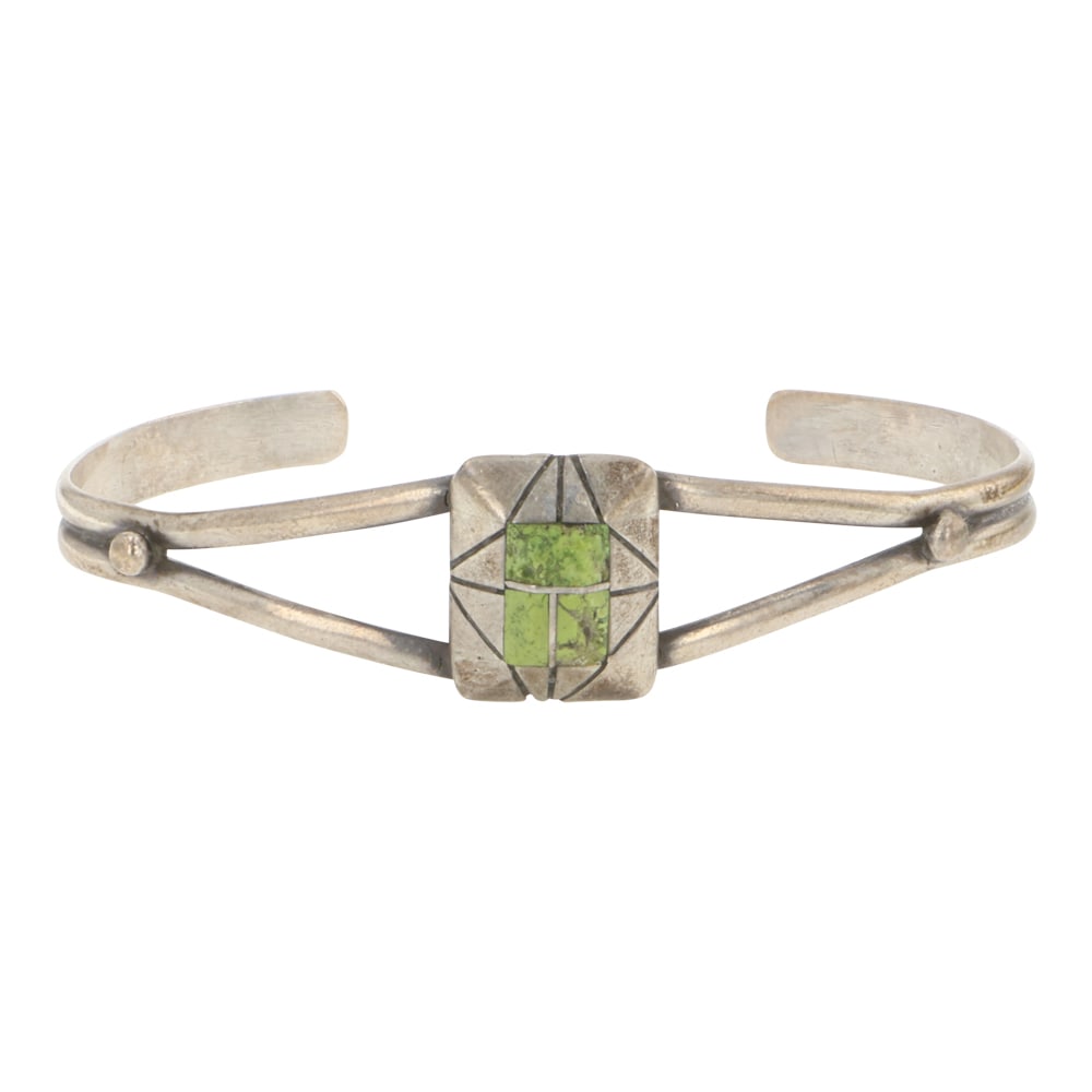 Chester Benally Navajo Vintage Gaspeite inlay bracelet: Sterling Silver | Genuine Gaspeite | Chester Benally Navajo Vintage Gaspeite inlay bracelet | Navajo Native American Southwest Indian Jewelry | Good (no breaks or damages) | Approximate Weight: 10 Gra