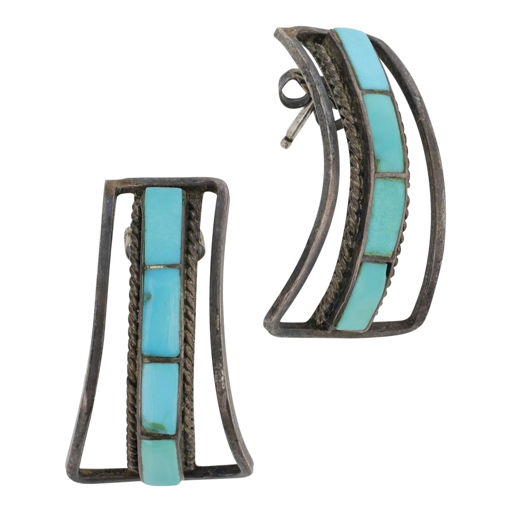 Vintage Zuni Turquoise Inlay Earrings: Sterling Silver | Genuine Turquoise | Vintage Zuni Turquoise Inlay Earrings | Zuni Native American Southwest Indian Jewelry | Good (no breaks or damages) | Approximate Weight: 4 Grams | Earrings: 1" x