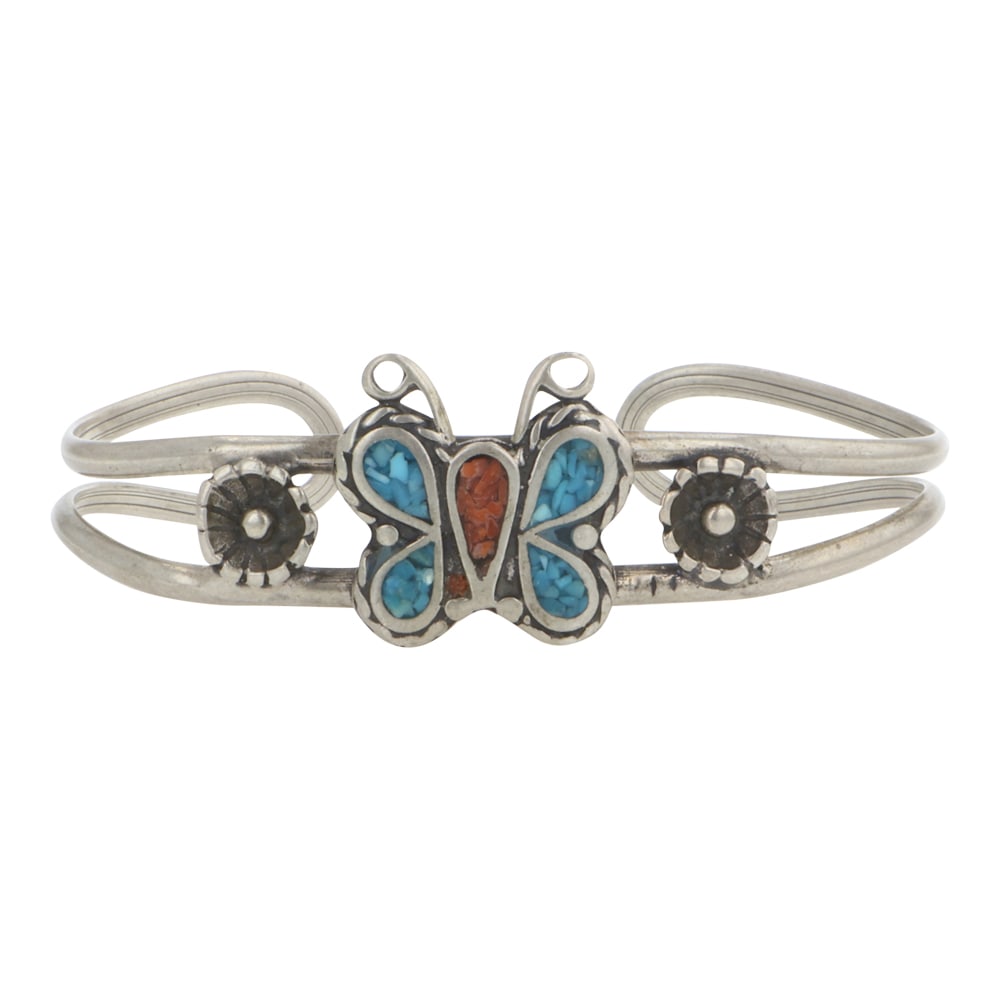 Vintage Navajo Turquoise & Coral Chip Inlay Butterfly Bracelet: Sterling Silver | Genuine Turquoise & Coral | Vintage Navajo Turquoise & Coral Chip Inlay Butterfly Bracelet | Navajo Native American Southwest Indian Jewelry | Good (no breaks or damages) | Approxima