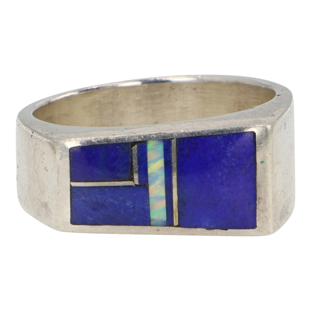Navajo Lapis & Synthetic Opal Inlay Ring: Sterling Silver | Genuine Lapis & Synthetic Opal | Navajo Lapis & Synthetic Opal Inlay Ring | Navajo Native American Southwest Indian Jewelry | Good (no breaks or damages) | Approximate Weight: 10