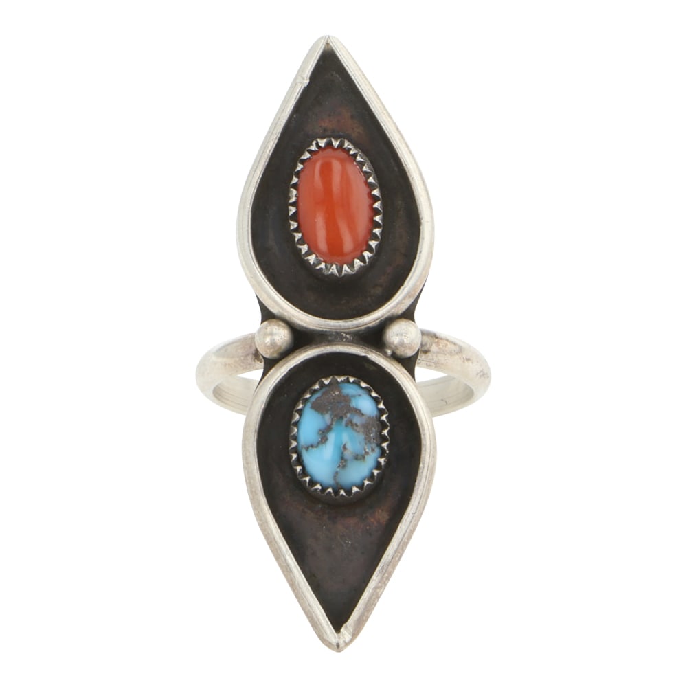 Vintage Navajo Persian Turquoise & Mediterranean Coral Ring: Sterling Silver | Genuine Persian Turquoise & Mediterranean Coral | Vintage Navajo Persian Turquoise & Mediterranean Coral Ring | Navajo Native American Southwest Indian Jewelry | Good (no breaks or d