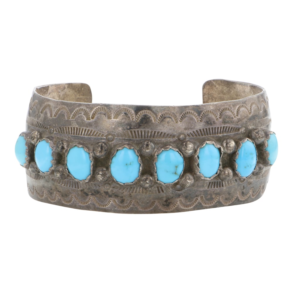Vintage Navajo Kingman Turquoise Cuff Bracelet: Sterling Silver | Genuine Kingman Turquoise | Vintage Navajo Kingman Turquoise Cuff Bracelet | Navajo Native American Southwest Indian Jewelry | Good (no breaks or damages) | Approximate Weight: 41 Gr