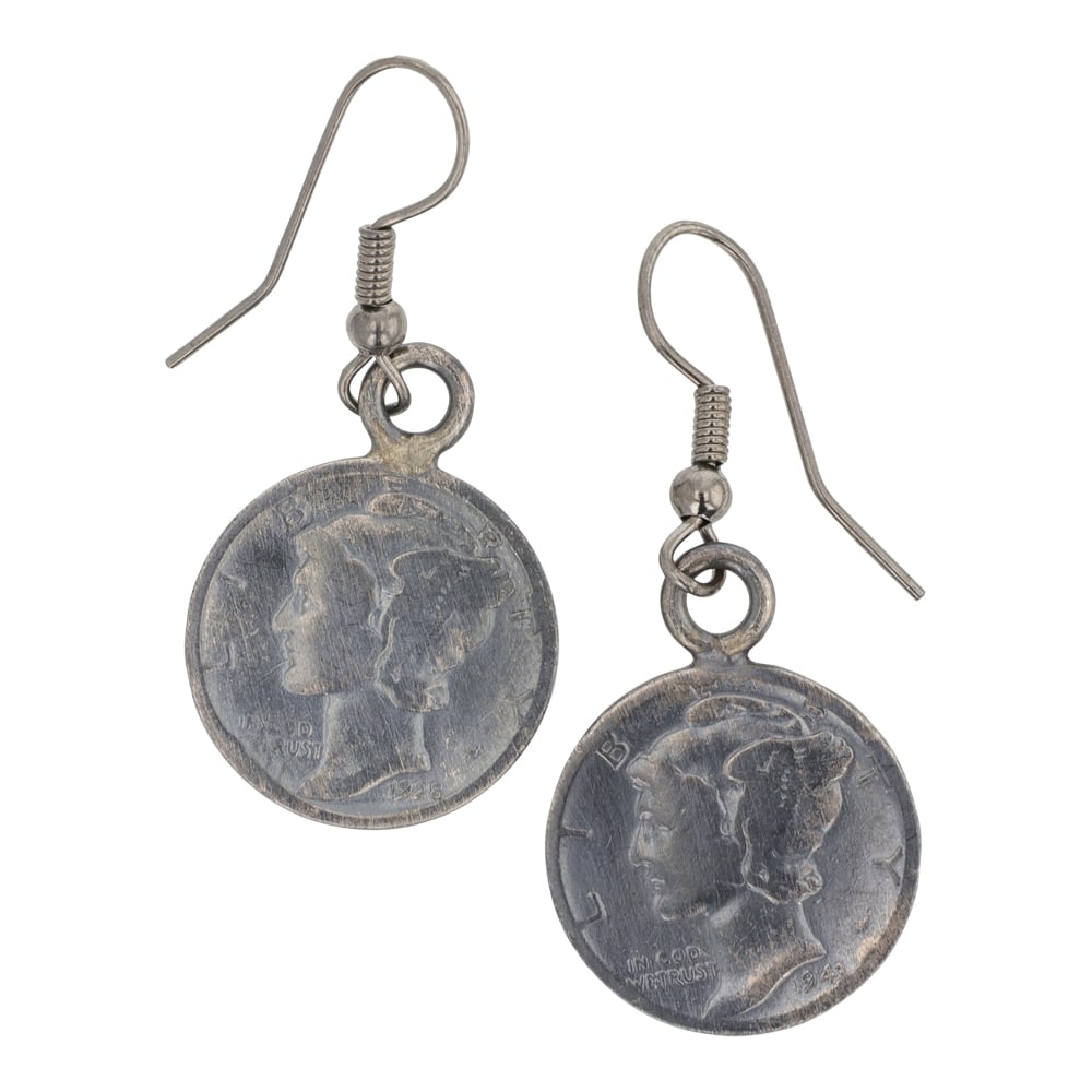 Navajo Old Us Silver Coins Mercury Dimes Earrings: Sterling Silver | | Navajo Old Us Silver Coins Mercury Dimes Earrings | Navajo Native American Southwest Indian Jewelry | Good (no breaks or damages) | Approximate Weight: 5 Grams | Earrings: .75 x .5
