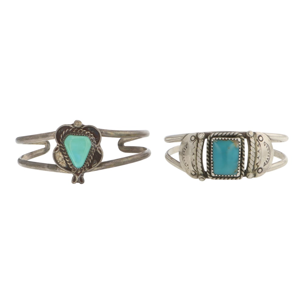 Lot of Two Vintage Navajo Nevada Turquoise Baby Bracelets: Sterling Silver | Genuine Nevada Turquoise | Lot of Two Vintage Navajo Nevada Turquoise Baby Bracelets | Navajo Native American Southwest Indian Jewelry | Good (no breaks or damages) | Approximate Wei