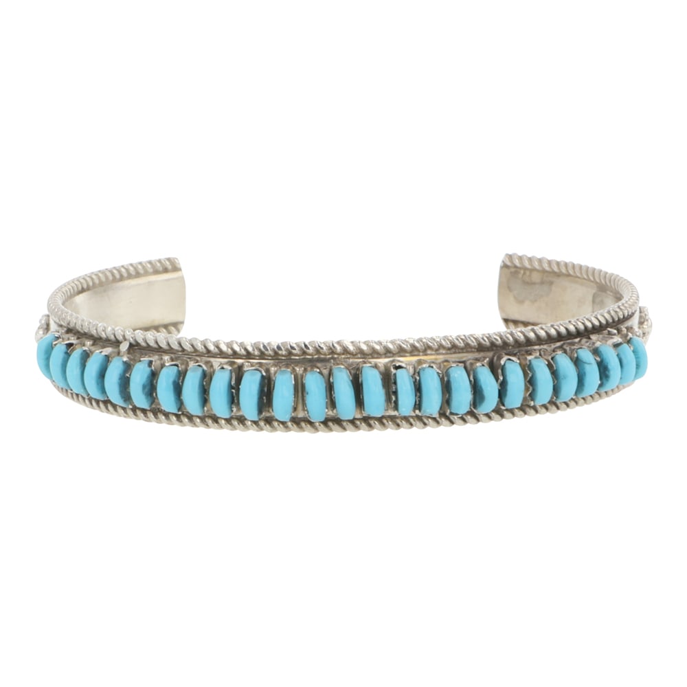 Zuni Sleeping Beauty Turquoise Needlepoint Cuff Bracelet: Sterling Silver | Genuine Sleeping Beauty Turquoise | Zuni Sleeping Beauty Turquoise Needlepoint Cuff Bracelet | Zuni Native American Southwest Indian Jewelry | Good (no breaks or damages) | Approxima